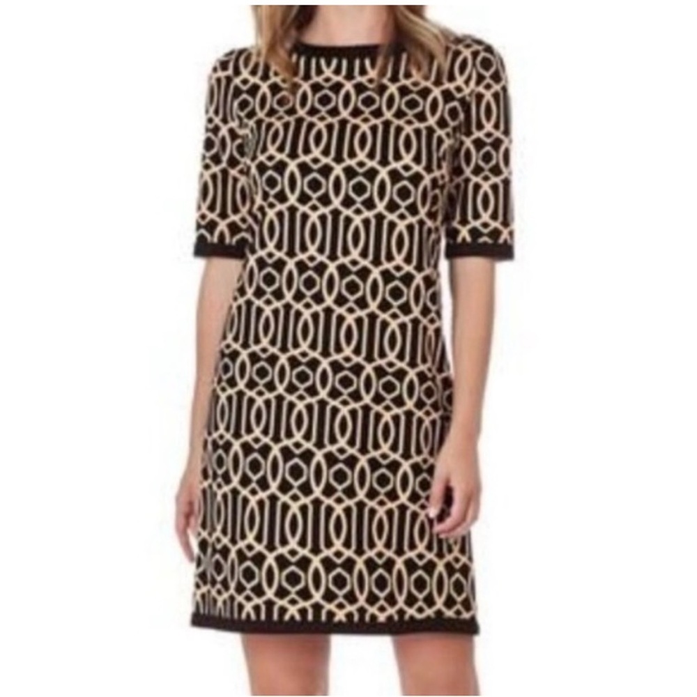 Jude Connally M | Black Beige Geometric Chain Link Print Knit Dress Made in USA - Picture 1 of 8